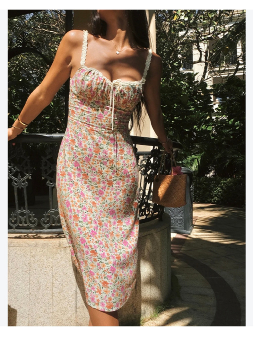 Commense Floral Lace Trim Cami Milkmaid Midi Dress S Coquette Feminine Resort